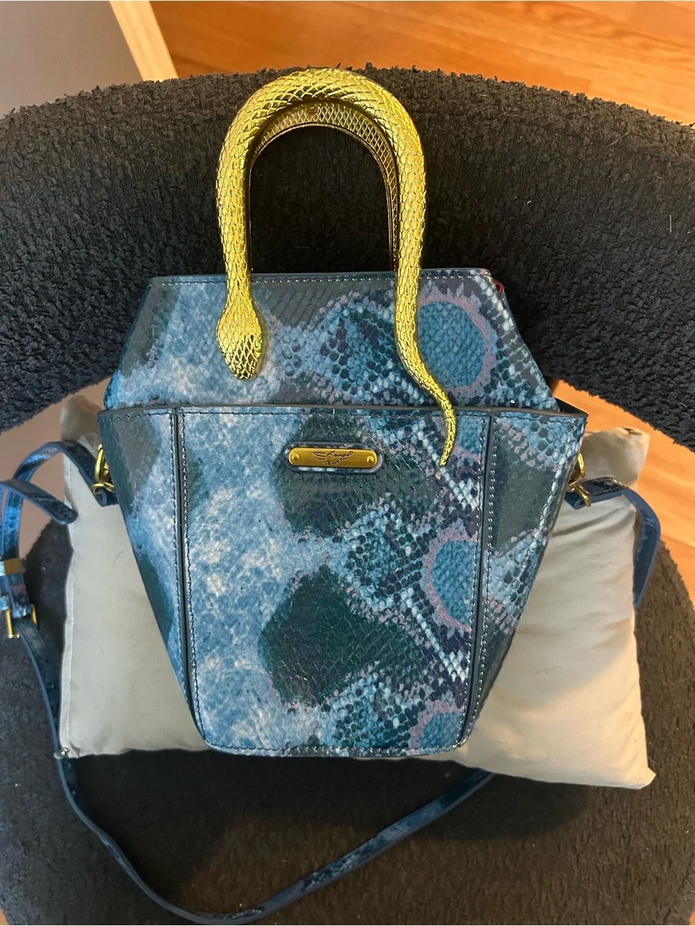 Rare Sharif Blue Snake-Print Top Handle Bag with Gold Snake Accent